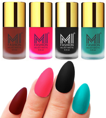 

MI Fashion Premium Quality Dull Velvet Matte Nail Polish Duo Pont Flat Brush Exclusive Combo Red,Neon Pink,Black,Sky Blue(Pack of 4)