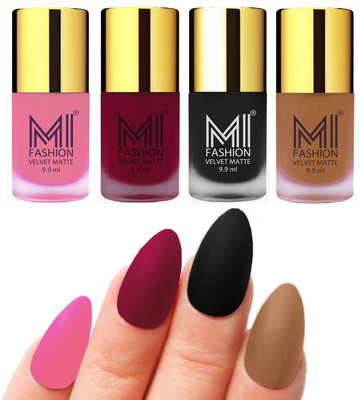 

MI Fashion Premium Quality Dull Velvet Matte Nail Polish Duo Pont Flat Brush Exclusive Combo Baby Pink,Mauve,Black,Dark Nude(Pack of 4)