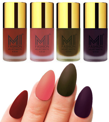 

MI Fashion Premium Quality Dull Velvet Matte Nail Polish Duo Pont Flat Brush Exclusive Combo Cherry Red,Light Peach,Olive Brown ,dark purple(Pack of 4)