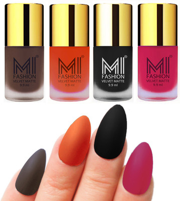 

MI Fashion Premium Quality Dull Velvet Matte Nail Polish Duo Pont Flat Brush Exclusive Combo Coffee,Orange,Black,Pink(Pack of 4)