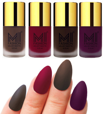 

MI Fashion Premium Quality Dull Velvet Matte Nail Polish Duo Pont Flat Brush Exclusive Combo Coffee,Mauve,Dark Brown,Purple(Pack of 4)