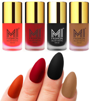 

MI Fashion Premium Quality Dull Velvet Matte Nail Polish Duo Pont Flat Brush Exclusive Combo Orange,Tomato Red,Black,Dark Nude(Pack of 4)
