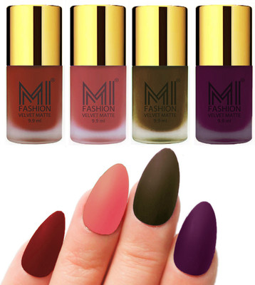 

MI Fashion Premium Quality Dull Velvet Matte Nail Polish Duo Pont Flat Brush Exclusive Combo Cherry Red,Light Peach,Olive Brown ,Purple(Pack of 4)