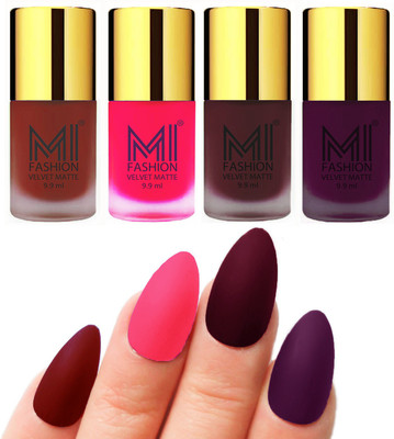 

MI Fashion Premium Quality Dull Velvet Matte Nail Polish Duo Pont Flat Brush Exclusive Combo Red,Neon Pink,Red Wine,Purple(Pack of 4)