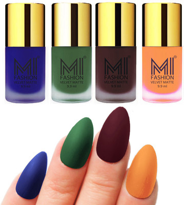 

MI Fashion Premium Quality Dull Velvet Matte Nail Polish Duo Pont Flat Brush Exclusive Combo Royal Blue,Green,Wine,Saffron Orange(Pack of 4)