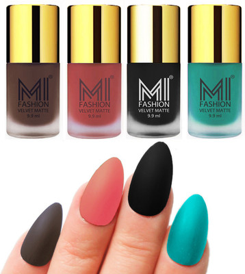 

MI Fashion Premium Quality Dull Velvet Matte Nail Polish Duo Pont Flat Brush Exclusive Combo Coffee,Light Peach,Black,Sky Blue(Pack of 4)