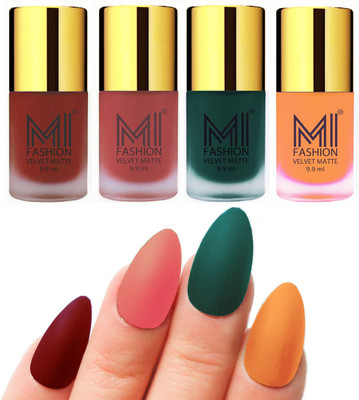 

MI Fashion Premium Quality Dull Velvet Matte Nail Polish Duo Pont Flat Brush Exclusive Combo Red,Light Peach,Dark Green,Saffron Orange(Pack of 4)