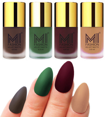 

MI Fashion Premium Quality Dull Velvet Matte Nail Polish Duo Pont Flat Brush Exclusive Combo Coffee,Green,Red Wine,Nude(Pack of 4)