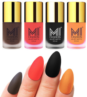 

MI Fashion Premium Quality Dull Velvet Matte Nail Polish Duo Pont Flat Brush Exclusive Combo Coffee,Neon Orange,Black,Saffron Orange(Pack of 4)