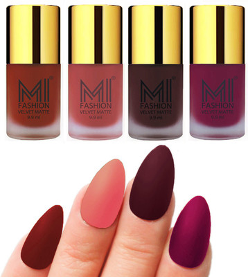 

MI Fashion Premium Quality Dull Velvet Matte Nail Polish Duo Pont Flat Brush Exclusive Combo Cherry Red,Light Peach,Wine,Magenta(Pack of 4)