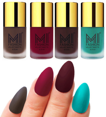 

MI Fashion Premium Quality Dull Velvet Matte Nail Polish Duo Pont Flat Brush Exclusive Combo Coffee,Mauve,Wine,Sky Blue(Pack of 4)
