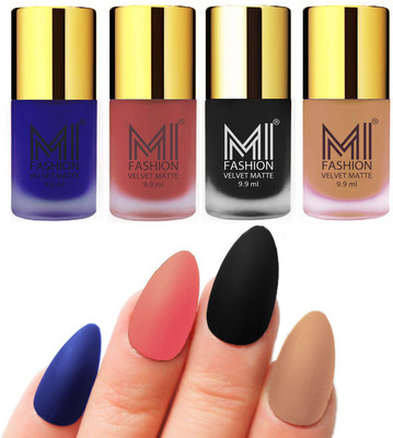 

MI Fashion Premium Quality Dull Velvet Matte Nail Polish Duo Pont Flat Brush Exclusive Combo Royal Blue,Light Peach,Black,Nude(Pack of 4)