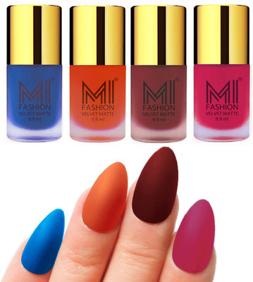 

MI Fashion Premium Quality Dull Velvet Matte Nail Polish Duo Pont Flat Brush Exclusive Combo Navy Blue,Orange,Maroon,Pink(Pack of 4)
