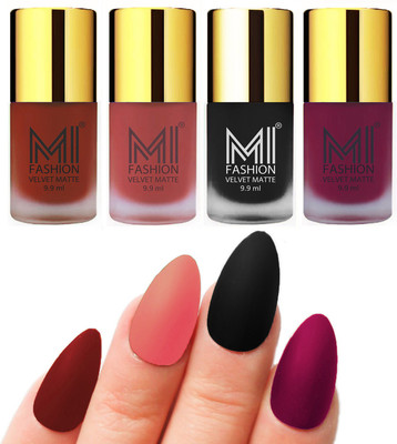 

MI Fashion Premium Quality Dull Velvet Matte Nail Polish Duo Pont Flat Brush Exclusive Combo Cherry Red,Light Peach,Black,Magenta(Pack of 4)