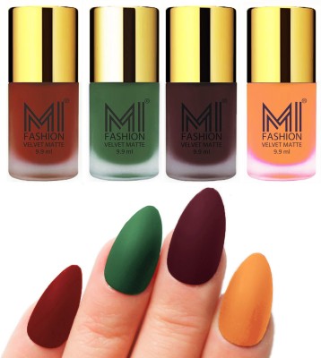 

MI Fashion Premium Quality Dull Velvet Matte Nail Polish Duo Pont Flat Brush Exclusive Combo Cherry Red,Green,Wine,Saffron Orange(Pack of 4)