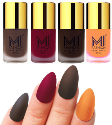 

MI Fashion Premium Quality Dull Velvet Matte Nail Polish Duo Pont Flat Brush Exclusive Combo Coffee,Mauve,Dark Brown,Saffron Orange(Pack of 4)