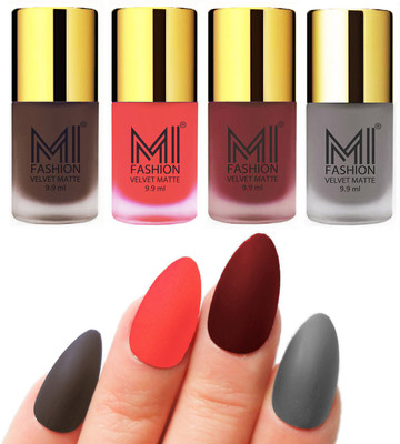 

MI Fashion Premium Quality Dull Velvet Matte Nail Polish Duo Pont Flat Brush Exclusive Combo Coffee,Neon Orange,Maroon,Grey(Pack of 4)
