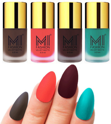 

MI Fashion Premium Quality Dull Velvet Matte Nail Polish Duo Pont Flat Brush Exclusive Combo Coffee,Neon Orange,Wine,Sky Blue(Pack of 4)