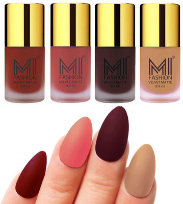 

MI Fashion Premium Quality Dull Velvet Matte Nail Polish Duo Pont Flat Brush Exclusive Combo Red,Light Peach,Wine,Nude(Pack of 4)