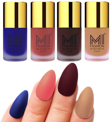 

MI Fashion Premium Quality Dull Velvet Matte Nail Polish Duo Pont Flat Brush Exclusive Combo Royal Blue,Light Peach,Wine,Nude(Pack of 4)