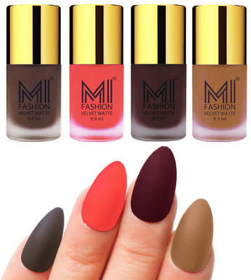 

MI Fashion Premium Quality Dull Velvet Matte Nail Polish Duo Pont Flat Brush Exclusive Combo Coffee,Neon Orange,Wine,Dark Nude(Pack of 4)