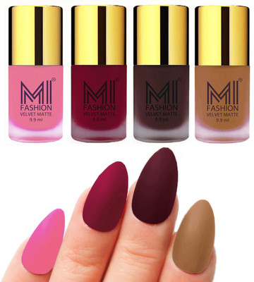 

MI Fashion Premium Quality Dull Velvet Matte Nail Polish Duo Pont Flat Brush Exclusive Combo Baby Pink,Mauve,Wine,Dark Nude(Pack of 4)