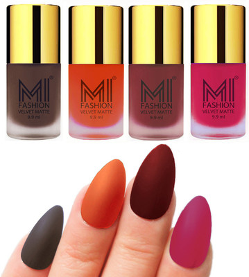 

MI Fashion Premium Quality Dull Velvet Matte Nail Polish Duo Pont Flat Brush Exclusive Combo Coffee,Orange,Maroon,Pink(Pack of 4)