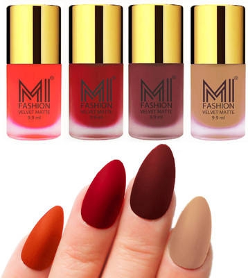 

MI Fashion Premium Quality Dull Velvet Matte Nail Polish Duo Pont Flat Brush Exclusive Combo Orange,Tomato Red,Maroon,Nude(Pack of 4)