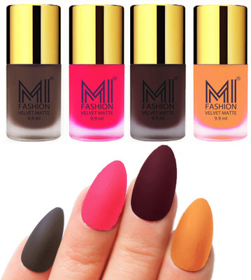 

MI Fashion Premium Quality Dull Velvet Matte Nail Polish Duo Pont Flat Brush Exclusive Combo Coffee,Neon Pink,Wine,Saffron Orange(Pack of 4)