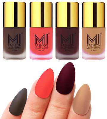 

MI Fashion Premium Quality Dull Velvet Matte Nail Polish Duo Pont Flat Brush Exclusive Combo Coffee,Neon Orange,Red Wine,Nude(Pack of 4)