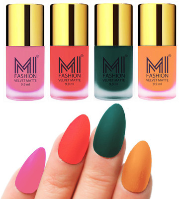 

MI Fashion Premium Quality Dull Velvet Matte Nail Polish Duo Pont Flat Brush Exclusive Combo Baby Pink,Orange,Dark Green,Saffron Orange(Pack of 4)