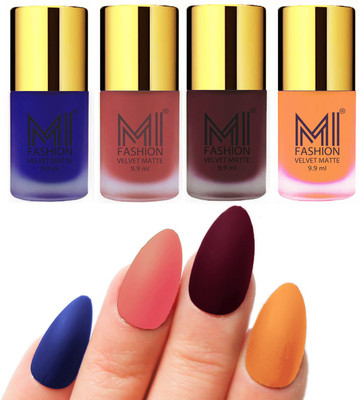 

MI Fashion Premium Quality Dull Velvet Matte Nail Polish Duo Pont Flat Brush Exclusive Combo Royal Blue,Light Peach,Red Wine,Saffron Orange(Pack of 4)