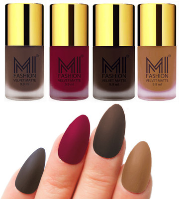 

MI Fashion Premium Quality Dull Velvet Matte Nail Polish Duo Pont Flat Brush Exclusive Combo Coffee,Mauve,Dark Brown,Dark Skin Nude(Pack of 4)