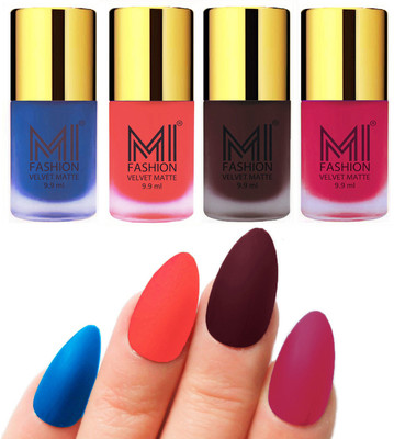 

MI Fashion Premium Quality Dull Velvet Matte Nail Polish Duo Pont Flat Brush Exclusive Combo Navy Blue,Neon Orange,Wine,Pink(Pack of 4)
