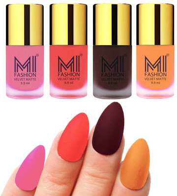 

MI Fashion Premium Quality Dull Velvet Matte Nail Polish Duo Pont Flat Brush Exclusive Combo Baby Pink,Neon Orange,Wine,Saffron Orange(Pack of 4)
