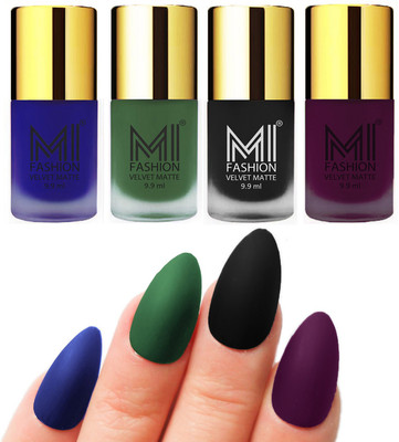 

MI Fashion Premium Quality Dull Velvet Matte Nail Polish Duo Pont Flat Brush Exclusive Combo Royal Blue,Green,Black,Purple(Pack of 4)