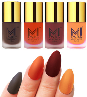 

MI Fashion Premium Quality Dull Velvet Matte Nail Polish Duo Pont Flat Brush Exclusive Combo Coffee,Orange,Maroon,Saffron Orange(Pack of 4)