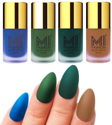 

MI Fashion Premium Quality Dull Velvet Matte Nail Polish Duo Pont Flat Brush Exclusive Combo Navy Blue,Green,Dark Green,Dark Nude(Pack of 4)