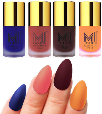 

MI Fashion Premium Quality Dull Velvet Matte Nail Polish Duo Pont Flat Brush Exclusive Combo Royal Blue,Light Peach,Wine,Saffron Orange(Pack of 4)