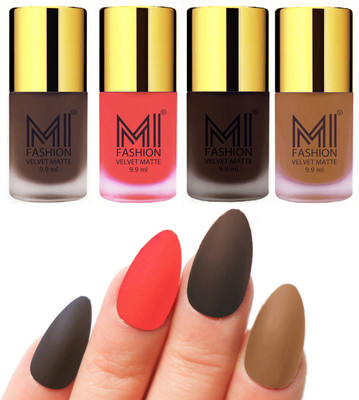 

MI Fashion Premium Quality Dull Velvet Matte Nail Polish Duo Pont Flat Brush Exclusive Combo Coffee,Neon Orange,Dark Brown,Dark Nude(Pack of 4)