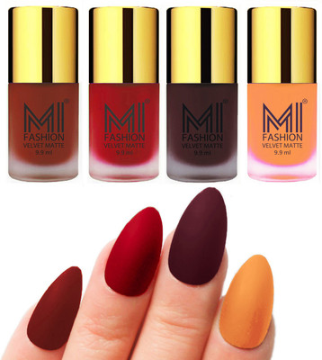 

MI Fashion Premium Quality Dull Velvet Matte Nail Polish Duo Pont Flat Brush Exclusive Combo Cherry Red,Tomato Red,Wine,Saffron Orange(Pack of 4)