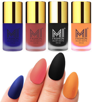 

MI Fashion Premium Quality Dull Velvet Matte Nail Polish Duo Pont Flat Brush Exclusive Combo Royal Blue,Light Peach,Black,Saffron Orange(Pack of 4)