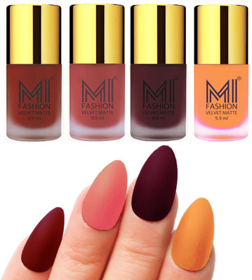 

MI Fashion Premium Quality Dull Velvet Matte Nail Polish Duo Pont Flat Brush Exclusive Combo Red,Light Peach,Red Wine,Saffron Orange(Pack of 4)