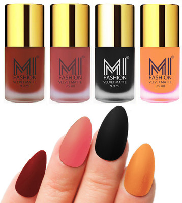 

MI Fashion Premium Quality Dull Velvet Matte Nail Polish Duo Pont Flat Brush Exclusive Combo Cherry Red,Light Peach,Black,Saffron Orange(Pack of 4)