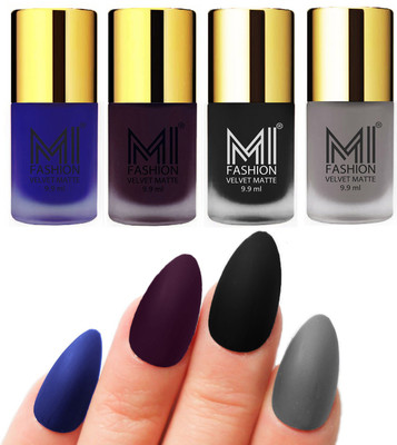 

MI Fashion Premium Quality Dull Velvet Matte Nail Polish Duo Pont Flat Brush Exclusive Combo Royal Blue,DARK PURPLE,Black,Grey(Pack of 4)