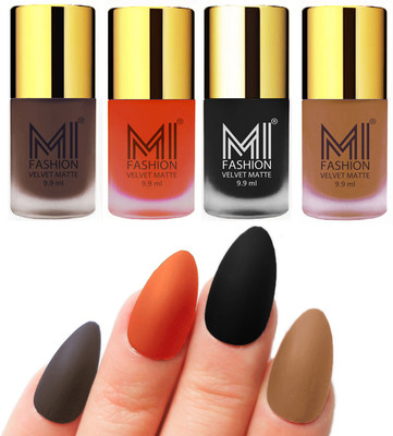 

MI Fashion Premium Quality Dull Velvet Matte Nail Polish Duo Pont Flat Brush Exclusive Combo Coffee,Orange,Black,Dark Nude(Pack of 4)