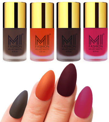 

MI Fashion Premium Quality Dull Velvet Matte Nail Polish Duo Pont Flat Brush Exclusive Combo Coffee,Orange,Wine,Pink(Pack of 4)