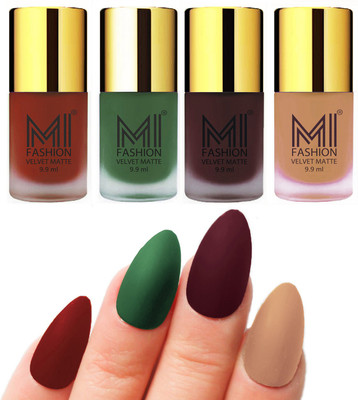 

MI Fashion Premium Quality Dull Velvet Matte Nail Polish Duo Pont Flat Brush Exclusive Combo Cherry Red,Green,Wine,Nude(Pack of 4)