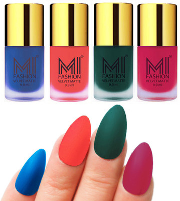 

MI Fashion Premium Quality Dull Velvet Matte Nail Polish Duo Pont Flat Brush Exclusive Combo Navy Blue,Neon Orange,Dark Green,Pink(Pack of 4)