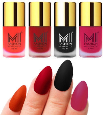 

MI Fashion Premium Quality Dull Velvet Matte Nail Polish Duo Pont Flat Brush Exclusive Combo Orange,Tomato Red,Black,Pink(Pack of 4)